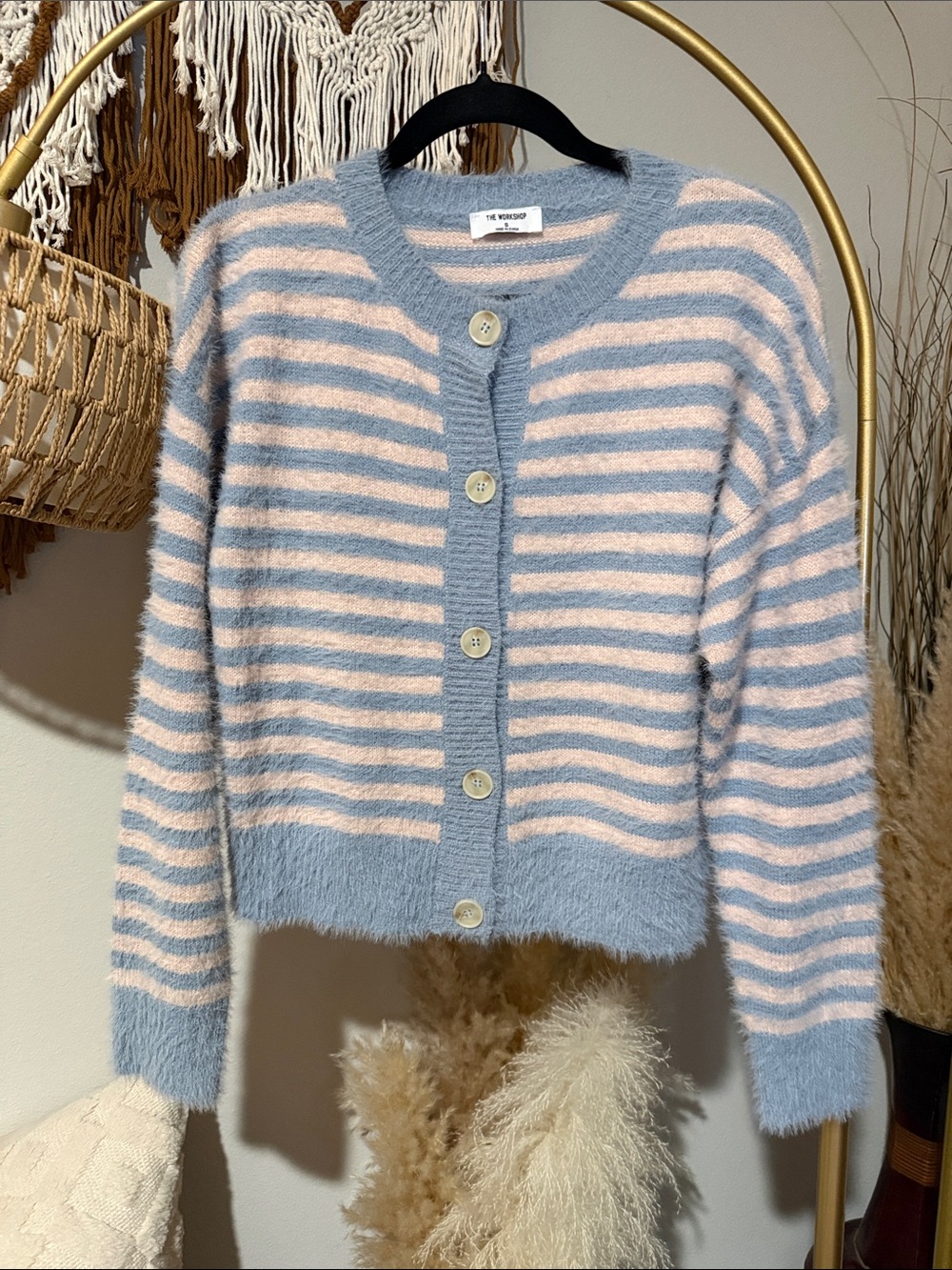 Workshop Republic Clothing Blue and Pink Striped Fuzzy Cardigan